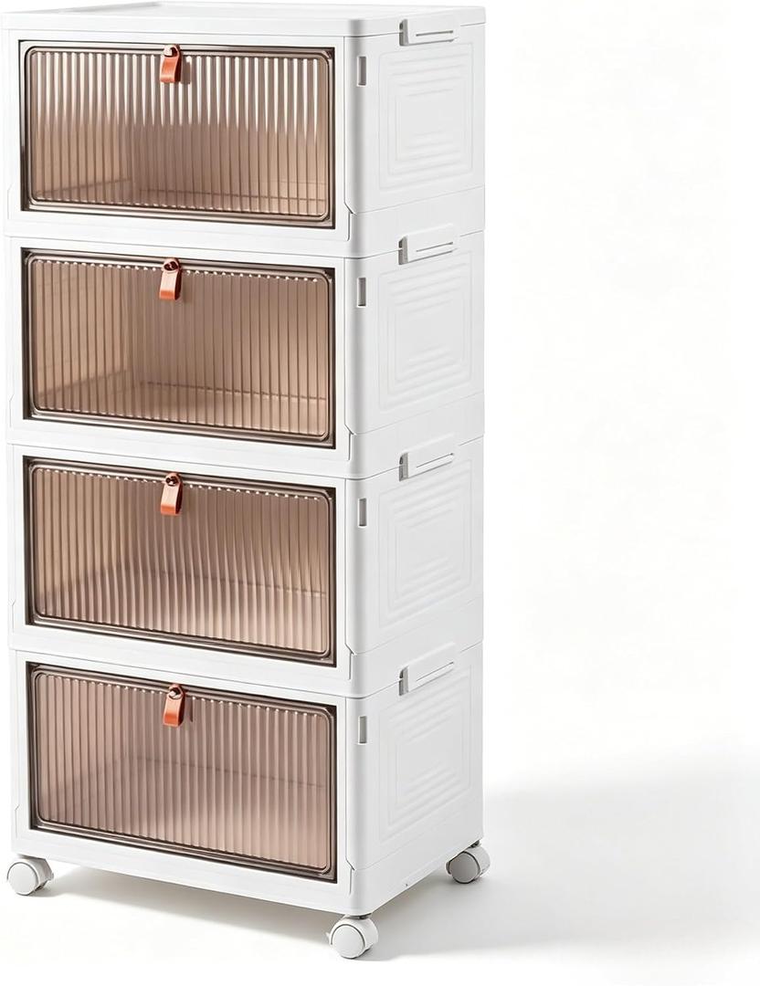 4-Tier Foldable Plastic Drawer Storage with Wheels,Stackable Storage Bins with Lid,Organization and Storage Boxes for Kitchen,Cloakroom,Closet,Living Room,Office and Dorm
