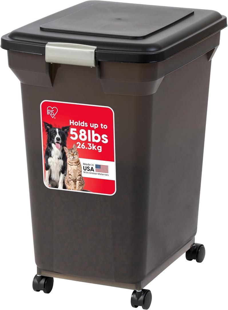 IRIS USA Dog Food Storage Container 58 lbs, Attachable Wheels, for Dog Cat Birds and other Pets, Food Storage Bin, Keep Fresh, Easy Mobility, BPA Free - Made in the USA, Black (Smoke)