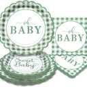 75 Pcs Sage Green Baby Shower Plates and Napkins Party Supplies, Sage Green Baby Shower Decorations, Gingham Paper Plates for Gender Neutral Oh Baby Decor, Scalloped, Serve 25 Guests