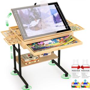 Wooden Puzzle Table with Drawers, 1500 Piece Puzzles for Adults & Puzzle Enthusiasts with Adjustable Height & Tilt, Felt Surface, Metal Stand with Lockable Wheels, Puzzle Storage Box and Cover, Medium-1500pcs