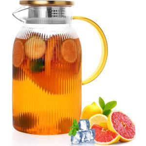 Ribbed Glass Pitcher With Lid and Spout, Glass Water Jugs With Handle, Water Carafe for Hot and Cold Beverage, Brew, Iced Tea, lemonade, Juice, Coffee, Milk, 1.4 Liter 47 Ounce, Borosilicate