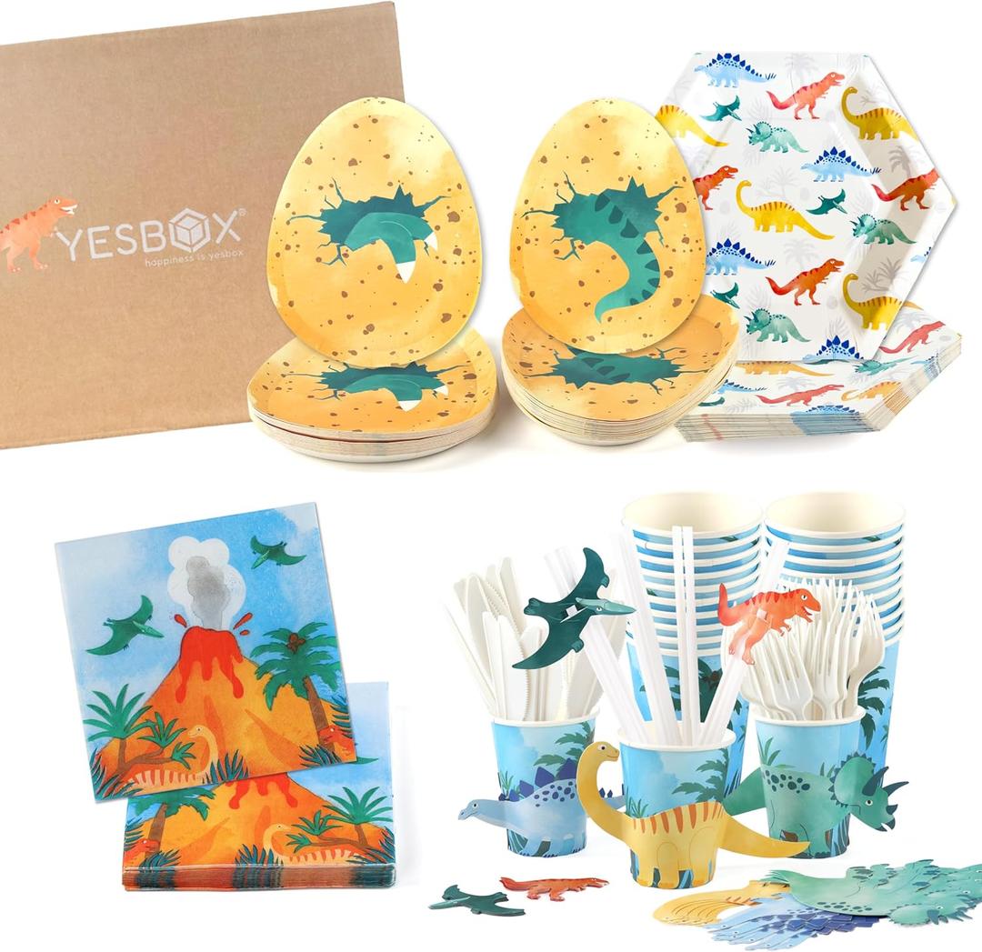 YESBOX Dinosaur Birthday Decorations Set with Dinosaur Paper Plates, Napkins, Cups, Cup Sleeves,Straw Toppers and PLA Cutlery for 20 Guests -Total 201pieces, Unique Gift for Kids