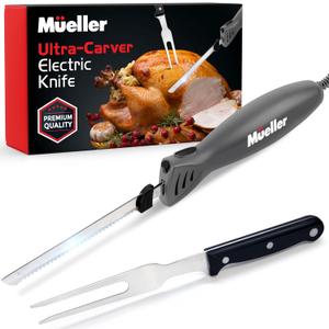 Mueller Ultra-Carver Electric Knife for Meat Slicing, Turkey Carving Knife, Bread Slicer, Crafting Foam, Stainless Steel Blades, Powerful Motor, Ergonomic Handle, Serving Fork Included, Grey (Grey)