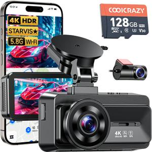 Coolcrazy 4K Dash Cam Front and Rear, STARVIS Sensor, Free 128GB Card Included, 5GHz WiFi-up to 20MB/s, Dual Dash Camera for Cars, Built-in GPS, G-Sensor, WDR/HDR Super Night Vision, 24H Parking Mode (Black)