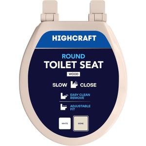 Highcraft B4TSWR Molded Wood Toilet Seat Slow Close ? Easy Remove ? Adjustable Hinge, Round, Bone
