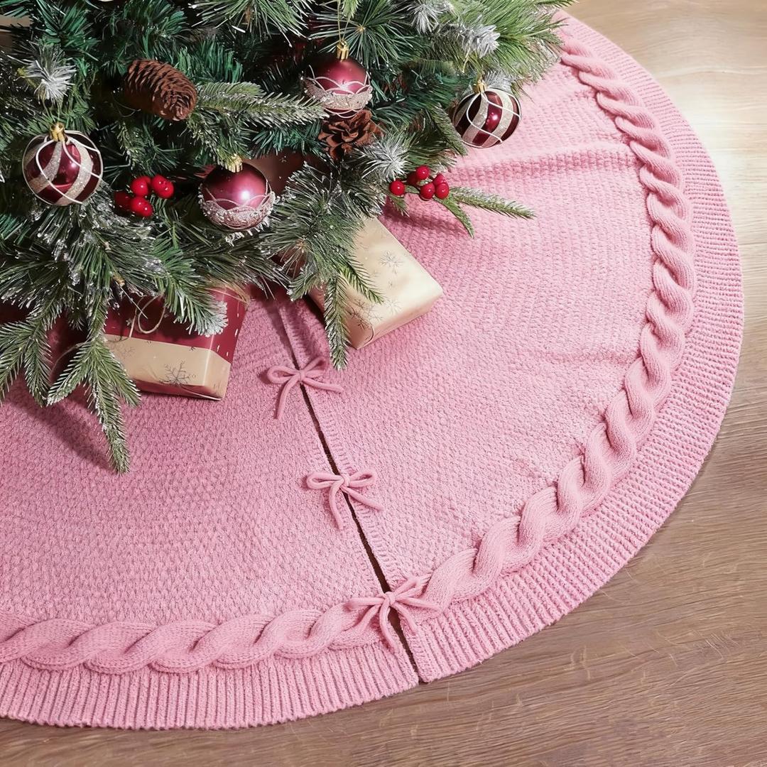 36 Inch Christmas Tree Skirt, Chunky Rustic Twisted Woven Round Tree Skirt with Tie Closure for Family Gatherings, Holiday Parties, Christmas Decorations (Pink)