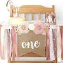 1st Birthday Party Decorations for Girls by Innerspark, Pink and Gold Floral Set, Ribbon High Chair Banner, Birthday Hat, Cake Topper, One High Chair Banner, Girls First