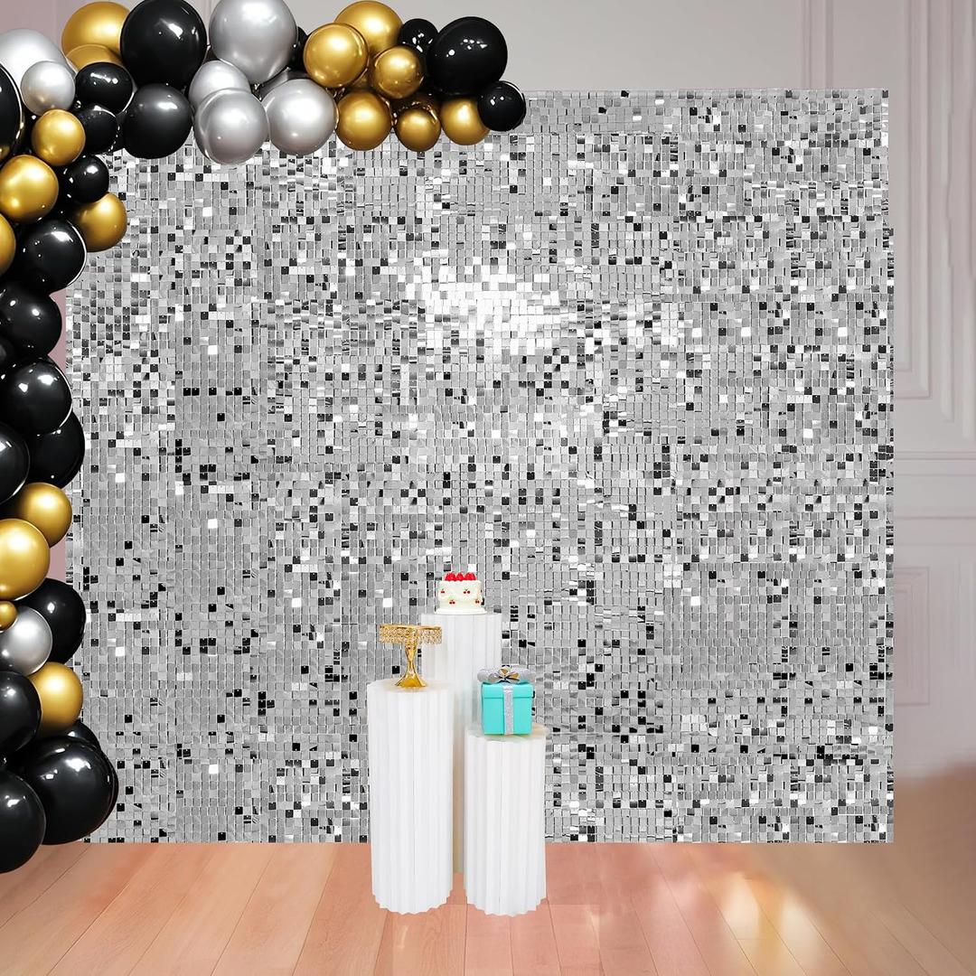 8x8 FT Silver Shimmer Wall Backdrop for Party Decoration - 64 Pcs Square Sequin Backdrop Panels for Birthday, Disco, Engagements, Graduations Decor
