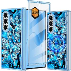 Hekodonk for Galaxy Z Fold 7 Case,[Compatible with MagSafe][Glow in The Dark][Front Screen Protector][Stand][Hinge Protection],Slim Fit for Women Girls for Samsung Galaxy Z Fold 7,Moon Blue