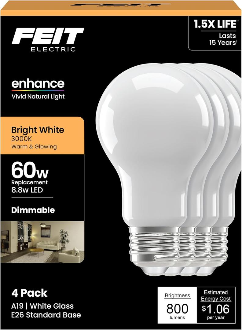 Feit Electric Enhance A19 LED Light Bulbs, 8.8W (60W Equivalent), 3000K Bright White, Dimmable, 90+ CRI, E26 Base, 17,000-Hour Lifetime, Residential or Commercial Bulb, A1960/930CA/FIL/4, 4-Pack