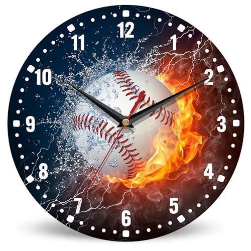 SPUNKER Wall Clocks,Baseball Wall Clocks,USA Sport Fire Water Battery Operated Wall Clock Silent Non-Ticking Decorative for Home Kitchen Bathroom Living Room Bedroom Office 10 Inch