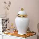 White Ginger Jar with Gold Trim, Ginger Jar Vase Decor for Centerpiece, Table Decorations, Living Room, Shelf, 15inches