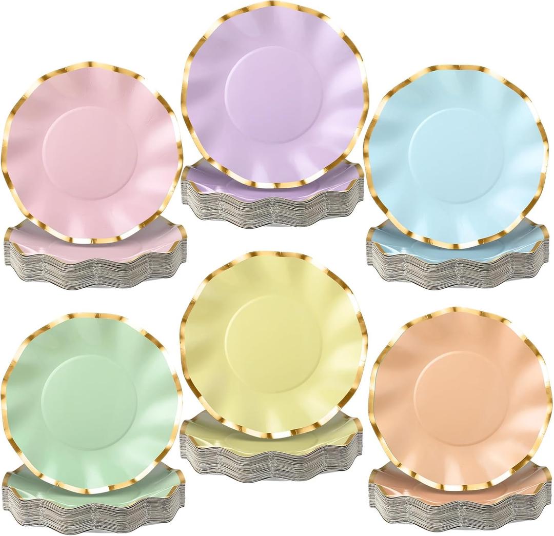 Havawish 72 Pcs Pastel Paper Plates with Scalloped Gold Foil Edge 8 Inch Disposable Dinner Dessert Plates for Birthday Wedding Baby Shower Party Supplies Decorations