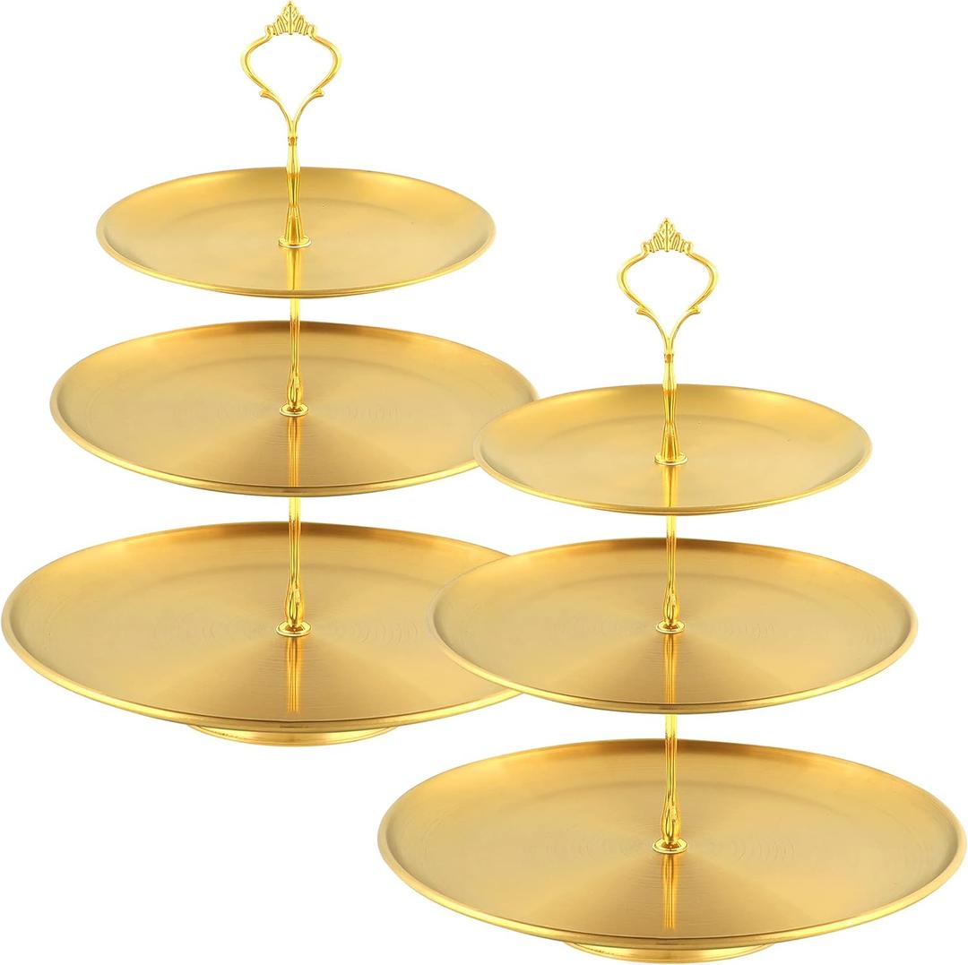 3 Tiered Metal Cupcake Stand Set of 2, Gold Tiered Dessert Stand Cupcake Tower with Gold Serving Tray for Wedding, Birthday, Holiday Dessert Table Decorations