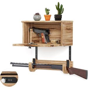 Wooden Wall Mount Gun Rack with Lock, 2-in-1 Horizontal Display for Rifle, Shotgun and Dual Pistols, Secure Firearms Storage Hanger