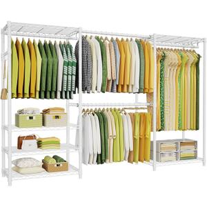 Ulif E1 Heavy Duty Closet Garment Rack, 6 Tiers Adjustable Metal Freestanding Expandable Clothing Storage with 4 Hanger Rods, Easy to Assemble Wardrobe, 71.4" H x (70" - 88.2") L x 14" D, White
