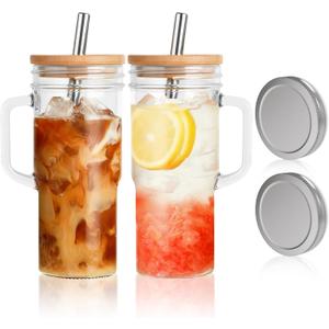 MCleanPin Glass Cups with Bamboo Lids and Straws,24oz Glass Tumbler with Handles,2Pack Mason Jar with Lids and Straw Wide Mouth, Reusable Smoothies Cups, Iced Coffee Cups, Drinking Jars Travel Mugs