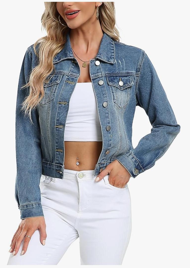 andy & natalie Women's Denim Jackets Cropped Long Sleeve Basic Button Down Crop Jean Shacket with Pockets Size XS