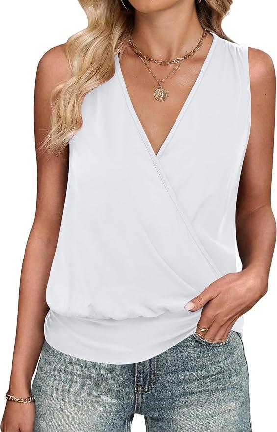 ANRABESS Womens V Neck Tank Tops Wrap Banded Hem Shirts Sleeveless Ruched Going Out Blouse 2026 Summer Fashion Clothing White XX-Large