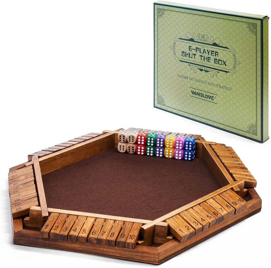 Vamslove Shut The Box Dice Game Wooden Board (L15 x W13) for 1 2 3 4 5 6 Player, 6 Sided 10 Numbers Math Games with 16 Dices for Kids Adults(Instructions Included)