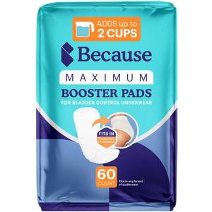 Because Maximum Incontinence Booster Pads, Adult Diaper Doubler Adds 2 Cups of Extra Absorbency, Discreet, Soft Leak Protection for Men & Women, Fits Inside Disposable Underwear, 20 Count