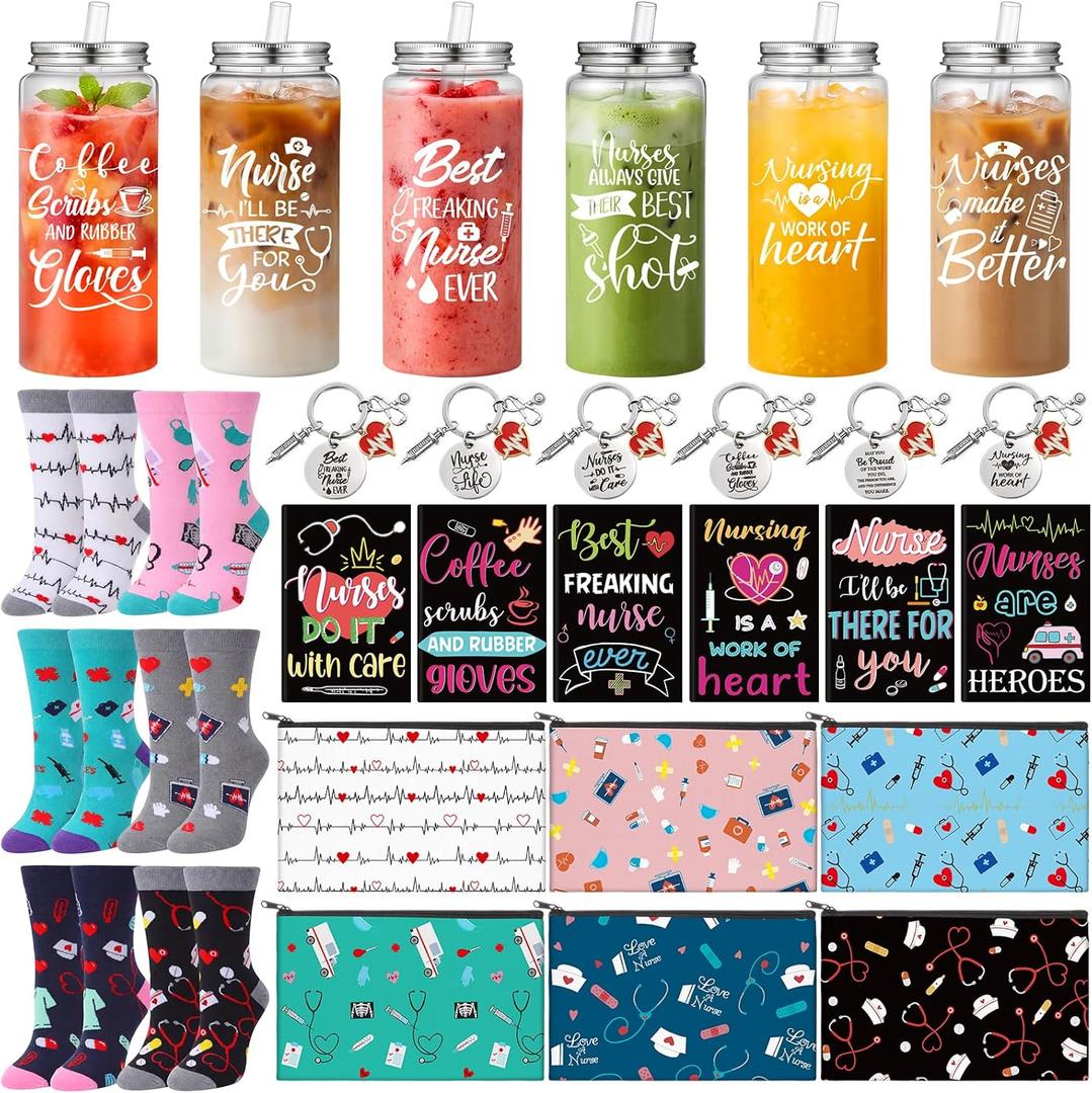 Mimorou 30 Pcs 2026 Nurse Week Gifts for Women Appreciation Gifts Bulk 13.5 oz Nursing Plastic Tumblers with Straw Lid Cosmetic Bags Socks Inspirational Notepad Keychains for Nursing Student Ot Month