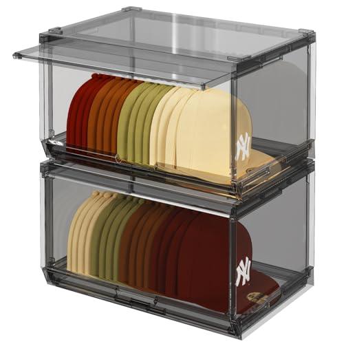 SCAVATA 2 Pack Large Hat Organizer Box, Stackable Clear Baseball Caps Holder Box Containers with Sliding Door for Hats Snapback Cap Storag, Hat Rack Display Case, Holds 20 Hats Each -Black