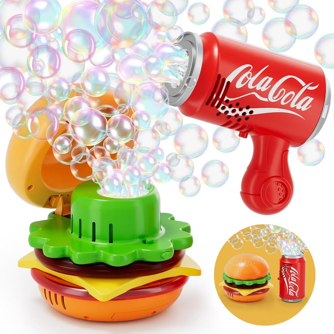 Burger & Cola Bubble Machine Combo W/Bubble Gun, 10 Bubble Solution Packs, Kids Automatic Bubble Blower Toy W/Music & Light, Handheld & Tabletop Bubble Maker, Gift for Birthday, Party Outdoor Fun (Red)