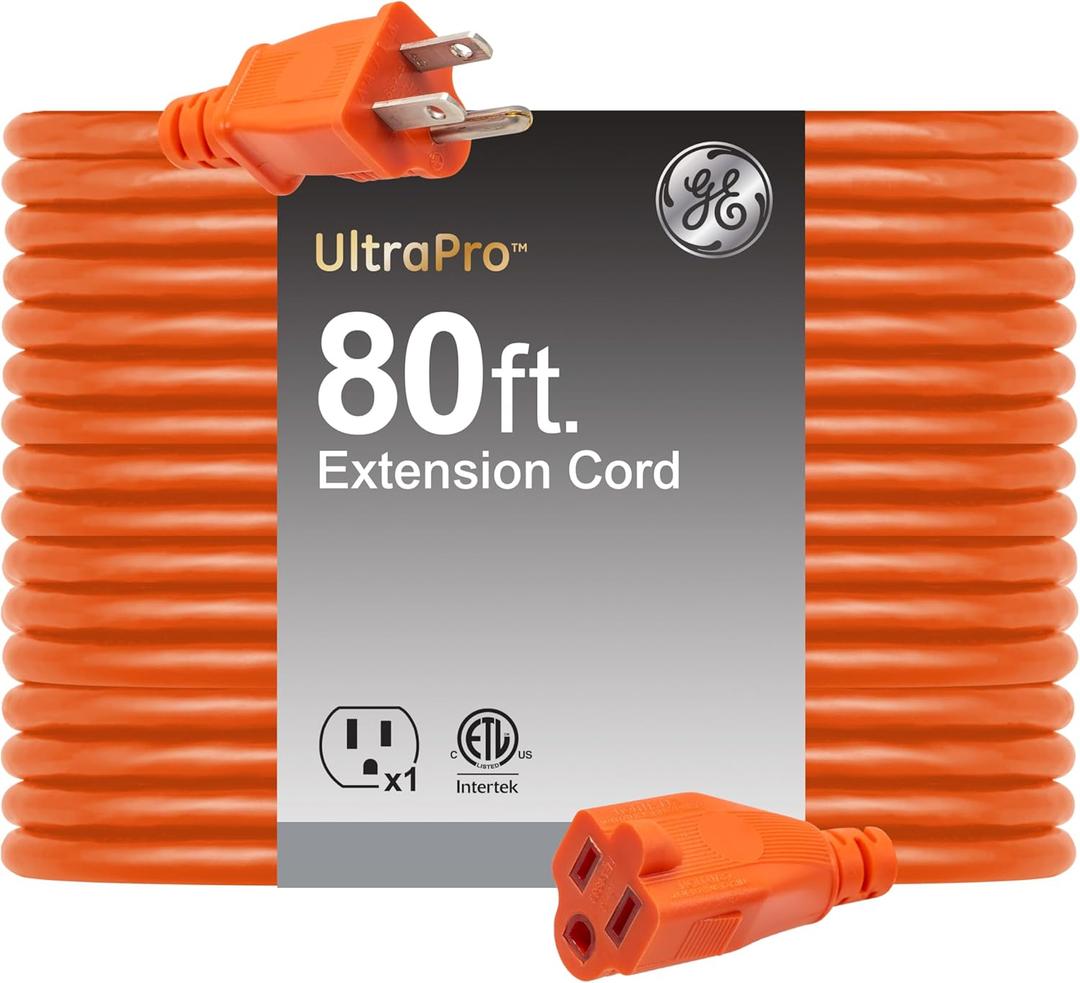 GE Outdoor Long Extension Cord, 80 Ft, Grounded Heavy Duty, 16AWG 3 Prong, ETL Listed, Orange (81703)
