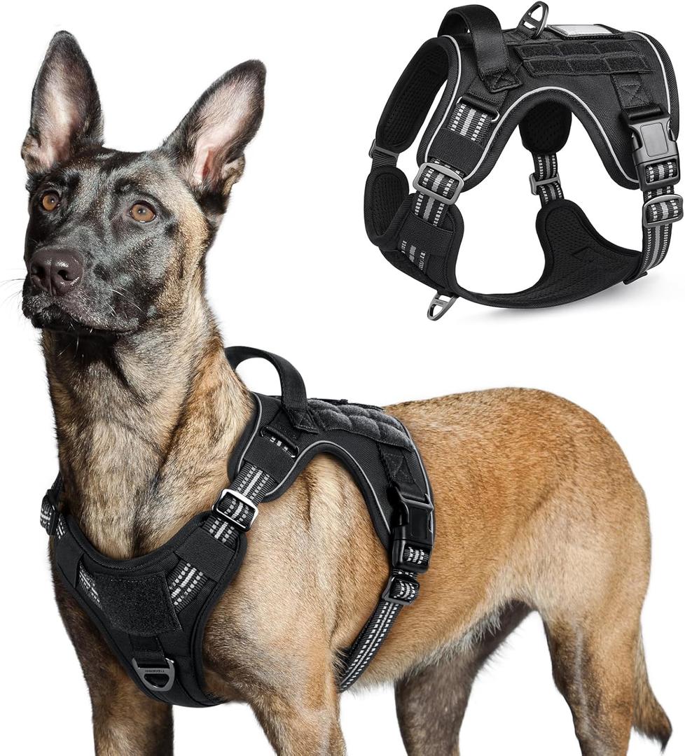 rabbitgoo Tactical Dog Harness for Large Dogs, No Pull Military Service Vest with Handle & Molle, Easy Control for Training Walking, Adjustable Reflective Straps, Black, L