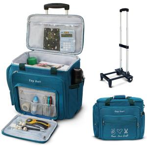 Large Craft Bag With Detachable Wheels - Water Resistant Storage Organizer, Teacher Tote, Work Bag, Sewing Machine Case - Blue