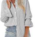 Black and White Striped Shirt Women Smocked Cuffed Oversized Boyfriend Blouse Loose fit Tunic Dressy Casual Collared Shirt Button Up High Low Hem Tops Long Sleeve Y2k Business Casual Fall Clothes, Size Small