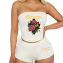 Glitrandi Two Piece Sets For Women Fashion Print Drawstring Tube Top With Shorts Summer Sexy Outfits