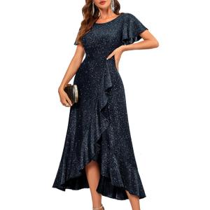BeryLove Women Sequin Formal Party Dress Flutter Short Sleeve Wedding Cocktail Long Evening Dress (Medium, Darkblue)