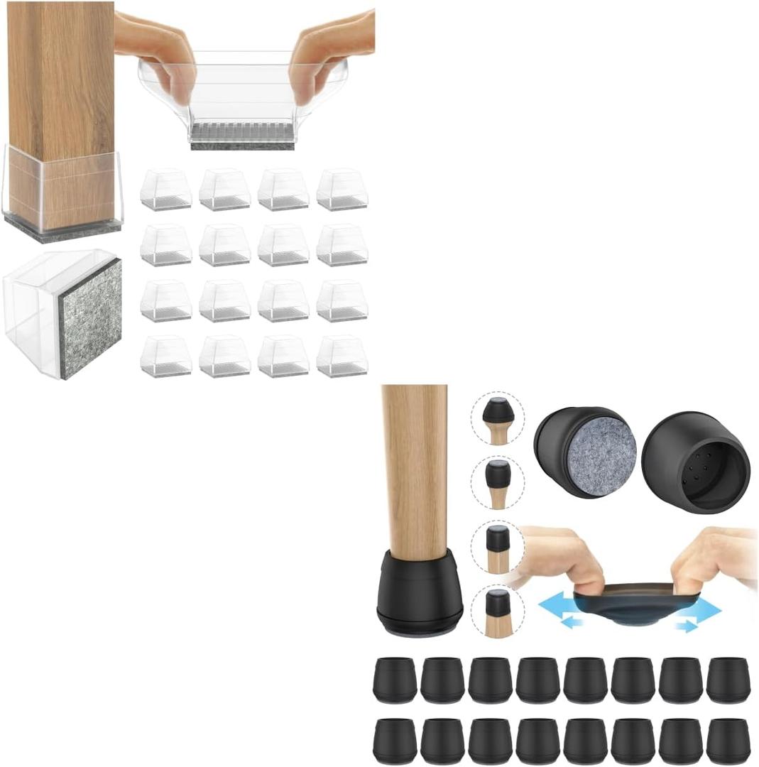 24 PCS Square Chair Leg Floor Protectors+16 PCS Round Chair Leg Floor Protectors(Fit 1.84" - 2.36", Black)