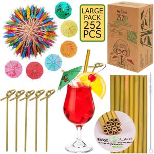 252 Pcs Cocktail Accessories for Drinks -144 Drink Umbrellas, 100 Bamboo Knot Picks 6", 8 Organic Bamboo Straws - Cocktail Umbrellas for Drinks, Appetizer Toothpicks, Tiki Cocktail Picks