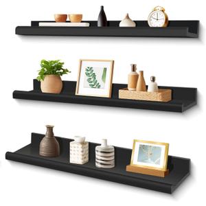 Annecy Floating Shelves Wall Mounted Set of 3, 23.6 Inch Black Rustic Wood Shelves, Storage Shelves with Guardrail Design for Bedroom, Bathroom, Kitchen, Office, 3 Different Sizes