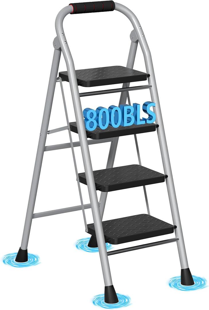 4 Step Ladder, Foldable Step Stool with Wide Anti-Slip Pedal & Thick Rubber Feet, Cushioned Handle, Safe-Lock Design, Folding Portable Ladder for Multi-Purpose, 800lb, Grey