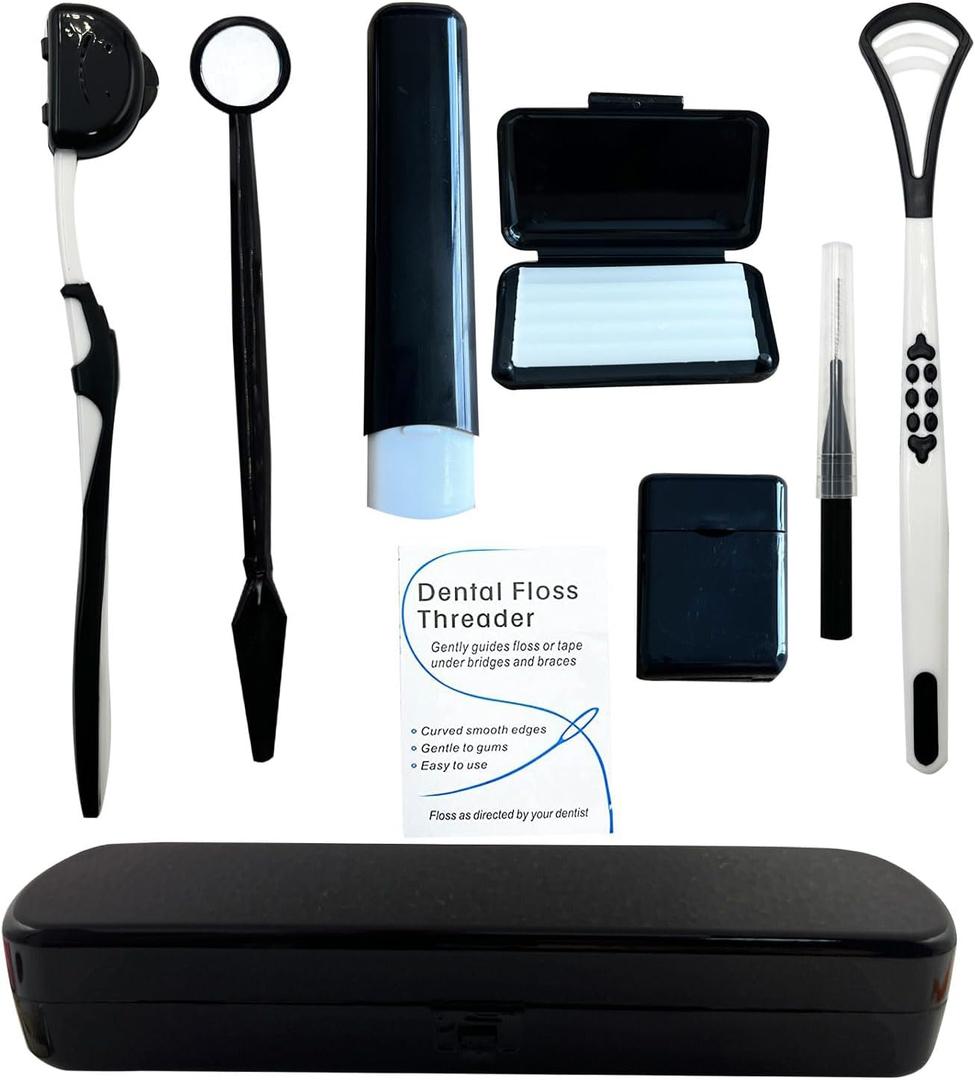 Portable Orthodontic Oral Care Kit for Braces - Interdental Brush Dental Wax Dental Floss Toothbrush Cleaning Kit, Black