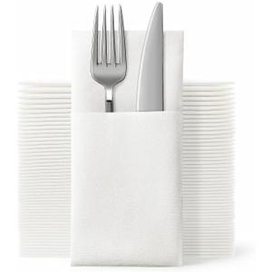 JEBBLAS Disposable Cloth Like Napkins, Built-in Flatware Pocket, Wedding Party Linen Feel White Napkin, Prefolded for Silverware,50 Count