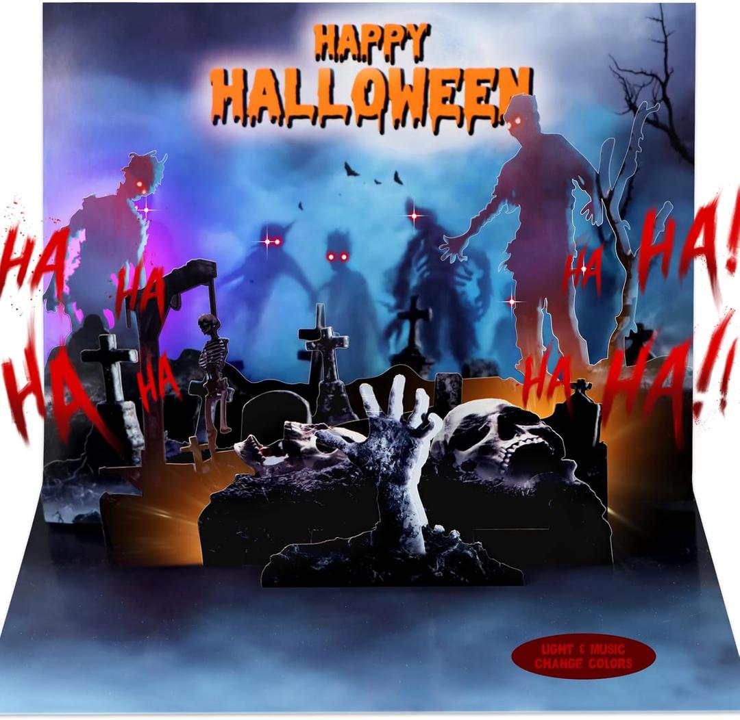 D24TIME Musical Halloween Card - Spooky Music & Lights 3D Zombie Graveyard Halloween Pop up Cards with Horror Sound, Envelope Included