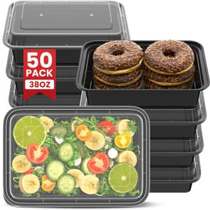 38oz Meal Prep Containers [50-Pack], Reusable Bento Box with Easy-Snap Leakproof Lids - Microwave, Dishwasher & Freezer Safe Food Storage, BPA-Free Plastic Lunch Containers (Black)
