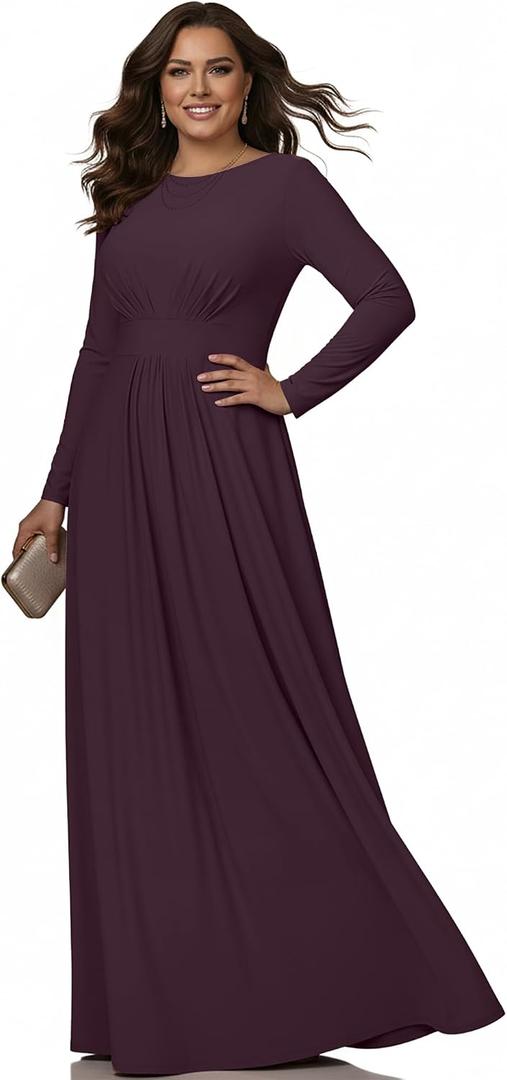 KOH KOH Womens Long Full Sleeve Sleeves Flowy Empire Waist Fall Winter Modest Formal Floor Length Abaya Muslim Bridesmaid Bridal Gown Gowns Maxi Dress Dresses, Sangria Wine, L, 12-14