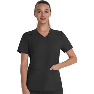 QBK Scrub Top for Women Soft Stretch V-Neck Scrubs with 2 Inset Slip Pockets and a Curved Hemline, Easy Care, XL