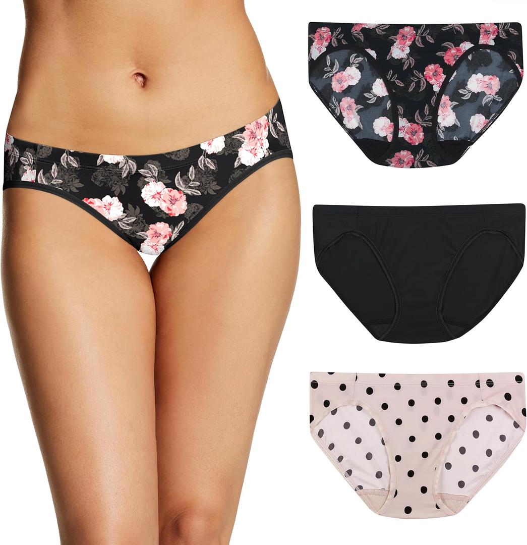 Maidenform Barely There Women's Underwear Bikini Pack, Invisible Look Panties, 3-Pack (Medium, Oil Flower/Black/Sandshell Dot Print)