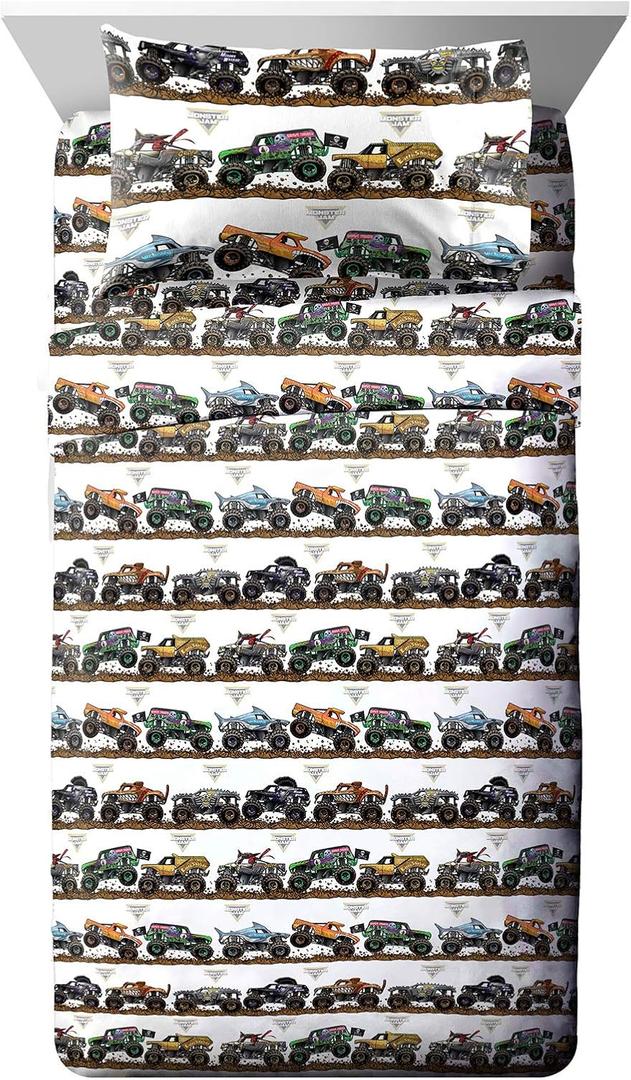 Jay Franco Kids Sheet Set with Fitted, Flat Sheets & Pillow Cover - Ultra-Soft Bedding with Pillowcase for Room Decor, Multi - Monster Jam, 4 Piece Full