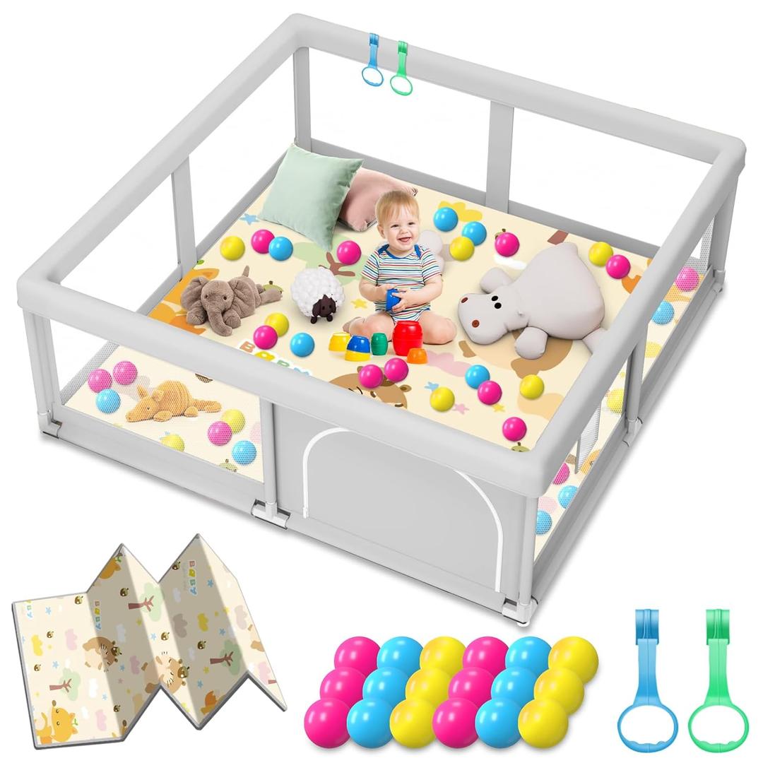 Baby Playpen with Mat, 50 x 50 inch, PlayPen for Babies and Toddlers, Sturdy Safety Play Pen with Soft Breathable Mesh (Ball and Pull Rings Included)