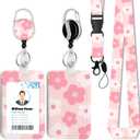 Pink Flowers ID Badge Holder with Breakaway Lanyard &Heavy Duty Retractable Reel-360Rotating Carabiner Keychain for Women Students,Teachers, Nurses, Office Use 10