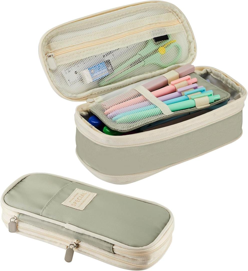 Sonuimy Large Capacity Pencil Case Pouch with Zipper, Portable Aesthetic Cute Big Capacity Pencil Cases Pen Office Travel Stationery Makeup Bag, Desk Organizer for College Adults Women Men-Khaki