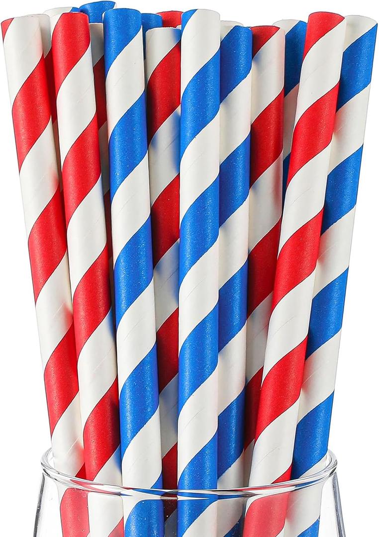 100 Pcs 4th of July Smoothie Straws Large Paper Stripe Straws Red White and Blue Paper for Independence Day Patriotic Themed Party Celebration and Holiday Drinking Favors